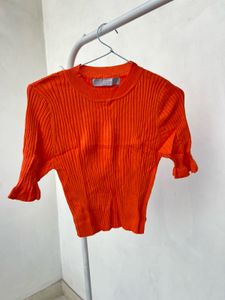 Orange Ribbed Knit Top