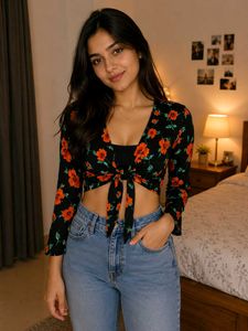 Zara Floral Tie Front Crop Top XS
