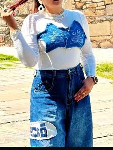 Sheer White Long Sleeve Top with Denim Star