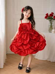 Red Satin Layered Ruffle Party Dress for Girls |