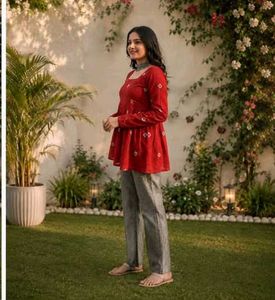 Red Printed Flared Kurti_M