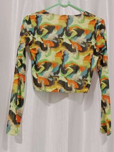 Abstract Print Long Sleeve Crop Top