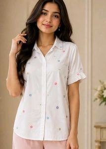 Cute Floral Embroidered White Shirt