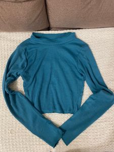 Blue Ribbed Mock Neck Long Sleeve Top