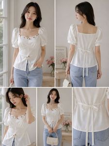 Chic White Puff Sleeve top,front slit