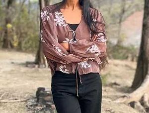 Brown Sheer Floral Tie-Front Top