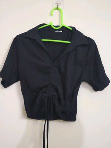 Chic Black Ruched Drawstring Top