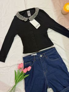Black Button-Up Top with Collar Detail