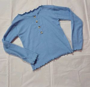 Cute Blue Ribbed Henley Top