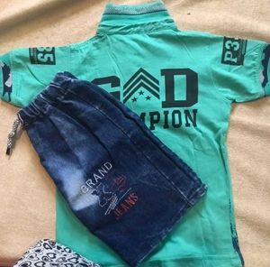 Boys Green T-shirt and Denim Shorts Set