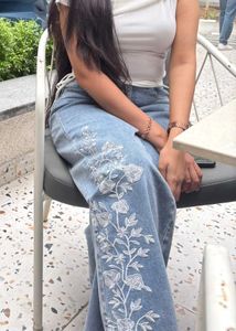 High Waist Light Wash Embroidered Jeans