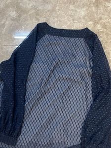 Navy Blue Sheer Textured V-Neck Top