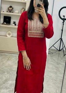 Vibrant Red Kurta Set with Embellished Neckline
