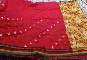 Bright Red And Yellow Kantha Stitch Semi Silk Sare