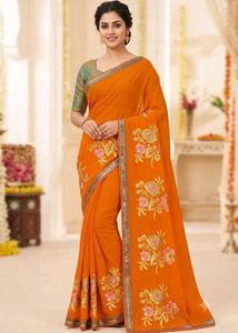 Vibrant Orange Embroidered Saree
