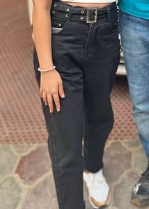 Black High-Waisted Belted Denim Jeans