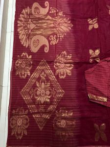linen  Maroon Saree with Golden Motifs
