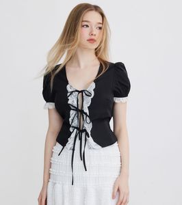 Chic Black Lace-Up Puff Sleeve Top