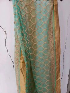 Duppata festive sea green golden colour