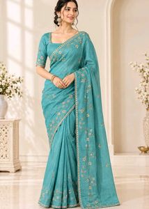 Beautiful Teal Saree with Gold Embroidery