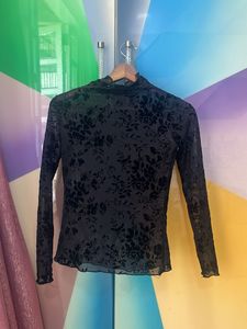Black Floral Mesh Mock Neck Top