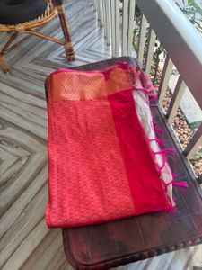 Vibrant Pink Silk Saree with Golden Border