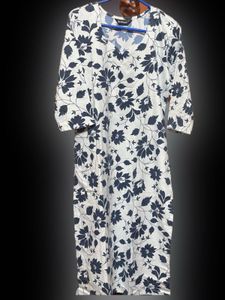 White Kurta with Navy Blue Floral Print