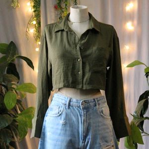 Olive Green Cropped Button-Up Shirt