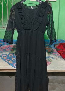 Black Dobby Mesh Tiered Midi Dress