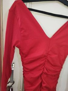 Chic Red Ruched V-Neck Dress