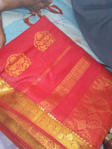 Vibrant Red Saree with Gold Zari Work