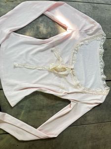 Pink Lace Trim Tie Front Top XS