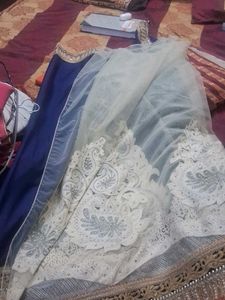 Elegant Blue & White Embroidered Saree