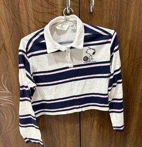 H&amp;M Striped Long Sleeve Cropped Polo Shirt