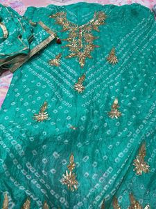 Green Bandhani Kurta Set with Golden Embroidery
