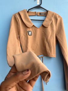 Brown Long Sleeve Cropped Top
