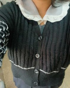 Black Knit Cardigan with Lace Collar
