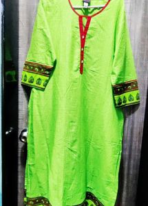 Vibrant Green Kurta with Red Neckline