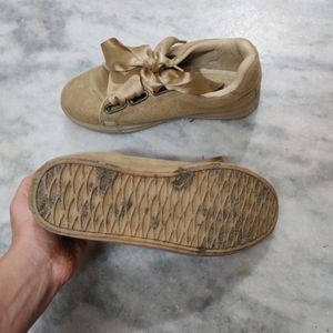 Gold/Beige Colour Sneakers With Ribbon Laces