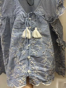 Zara Blue Striped Cotton Embroidered Top