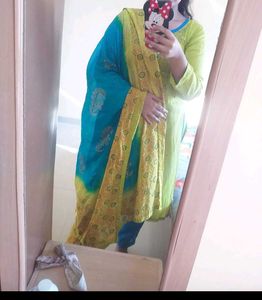 Lime Green Kurta Set with Teal Dupatta