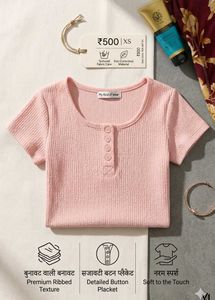 Light Pink Ribbed Henley Crop Top