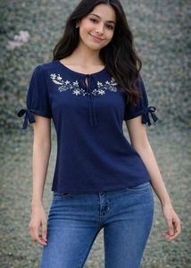 Charming Navy Blue Embroidered Top
