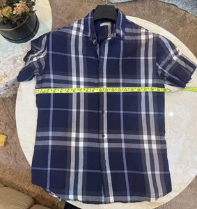 burberry Men's Blue Plaid Short Sleeve Shirt