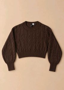CHOCOLATE BROWN CABLE KNIT CROPPED SWEATER