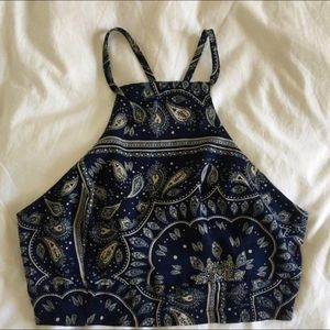 Navy Blue Paisley Print Halter Top with Tie Back