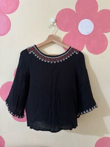 Embroidered Black Boho Blouse