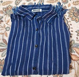 Striped Blue Blouse with Frayed Hem