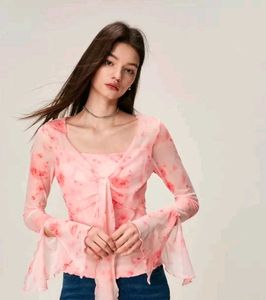 Sheer Pink Floral Tie-Front Top