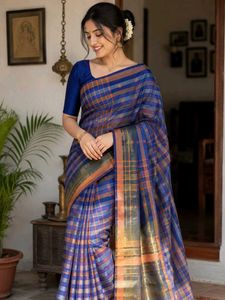 Elegant Blue Plaid Saree
